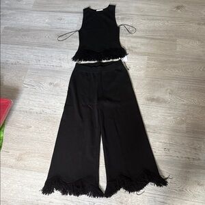 Elegant Black Fringe Knot Women's Pant Set
